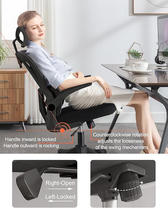 Office Chair Mesh Desk Chair, Ergonomic High-Back Rolling Gaming Work Chairs with Wheels and Adjustable Headrests,Comfortable Flip-up Arms for Home,Bedroom,Study Gaming