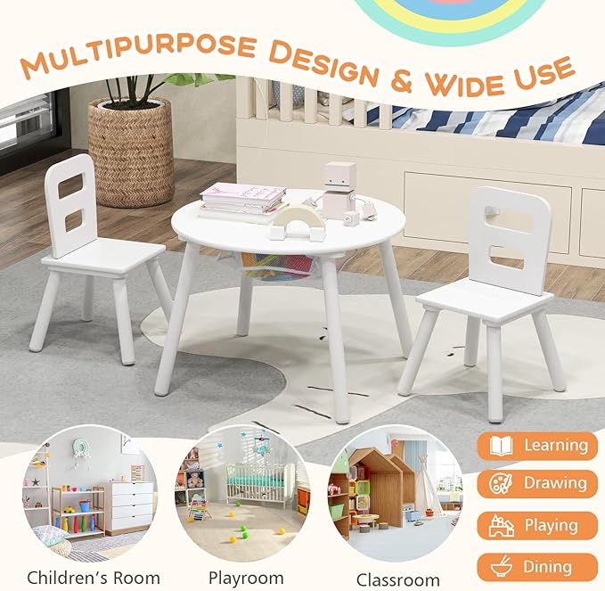Costzon Kids Table and Chair Set, Wood Activity Table w/Center Mesh Storage, Children Furniture Gift for Boys & Girls, Ideal for Arts, Crafts, Snack Time, Homework, Toddler Table and Chairs, White