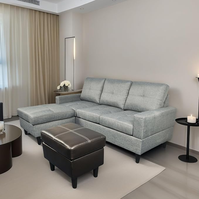 FONTOI L Shaped Sofa with Ottoman, Modern Faux Leather Couch with Chaise, 3 Seat Living Room Sofa Set with Solid Wood, for Home, Apartment, Study Room, Brown Grey