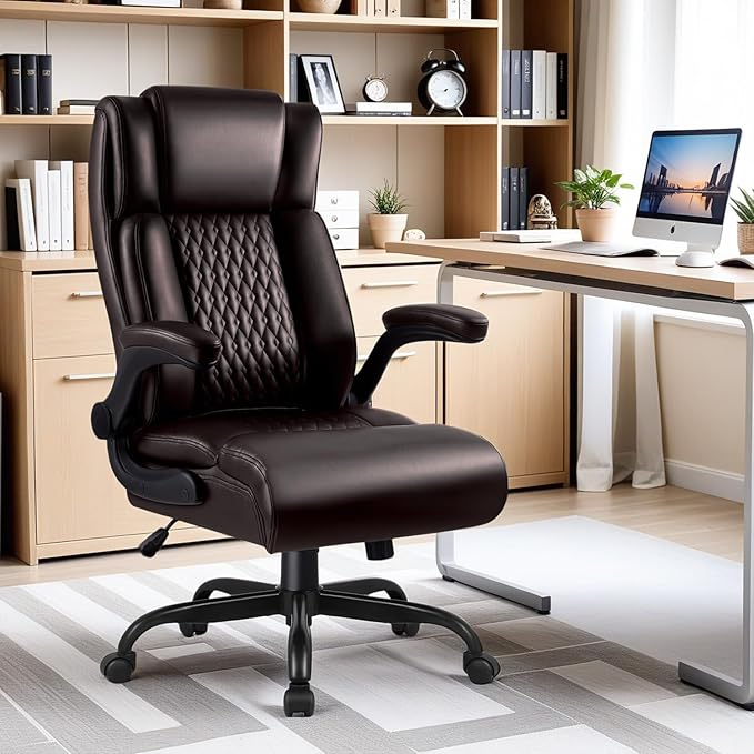 Ergonomic Leather Office Chair Desk Computer Chair, Comfortable High Back Office Chair with Adjustable Flip-up Armrest, Brown Executive Leather Office Desk Chair with Lumbar Support