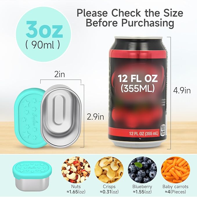SOPHICO Stainless Steel Snack Containers for Kids, 3 oz Small Food Storage Container with Silicone Lid - Perfect 304 Metal Toddler Lunch Box for Daycare and School, Leak Proof (3oz, 6 PACK)