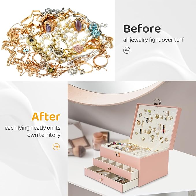 3-Layer Jewelry Box for Women, Jewelry Organizers and Storage with Removable Jewelry Tray, Vintage Quilted Top Lockable Jewelry Holder Gift Idea Pink