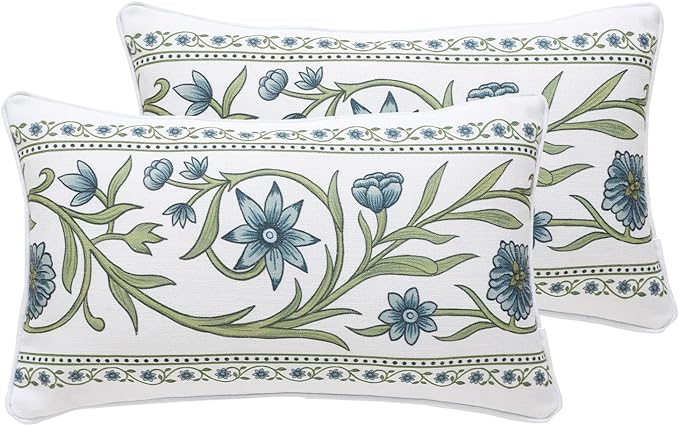 Design Fresh Linen Lumbar Throw Pillow Covers 12"x20" Pack of 2, French White Cottage Cushion Covers with Green Branches Pattern Decoration Pillowcases for Bed,Living Room,Outdoor,Car