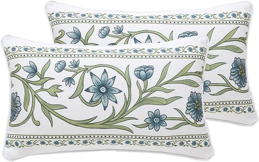 Design Fresh Linen Lumbar Throw Pillow Covers 12"x20" Pack of 2, French White Cottage Cushion Covers with Green Branches Pattern Decoration Pillowcases for Bed,Living Room,Outdoor,Car