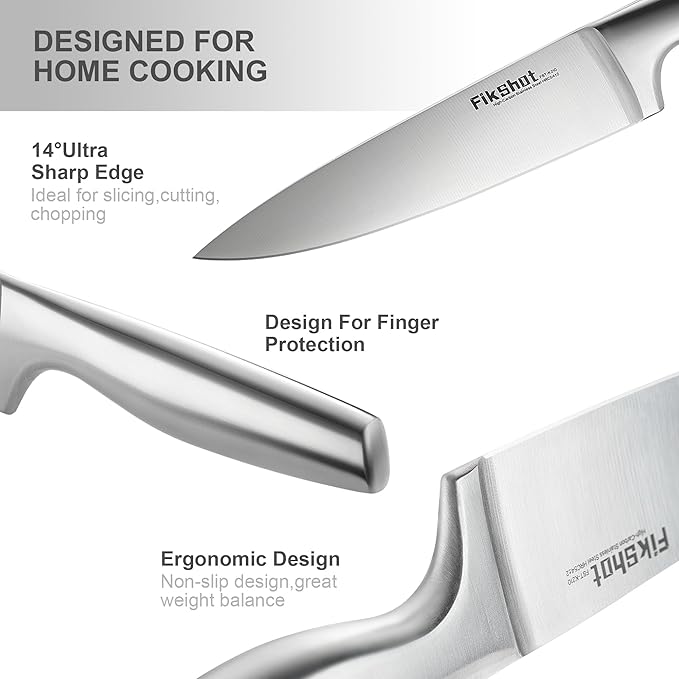 Knife Block Set, Kitchen Knife Sets with Block, FIKSHOT Knives Set for Kitchen - Razor-Sharp Santoku Knife, Fruit and Kitchen Sets - Rust Resistant for Homecooks (Silver + Walnut)