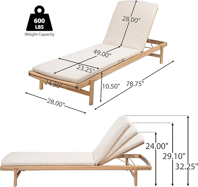 Christopher Knight Home Brolen Acacia Wood Chaise Lounge Chair Outdoor Set of 4, Patio Outdoor Chaise Lounge with Cushions, Adjustable Backrest Lounge Sofa, Wooden Sunbathing Pool Lounger, Teak+Beige