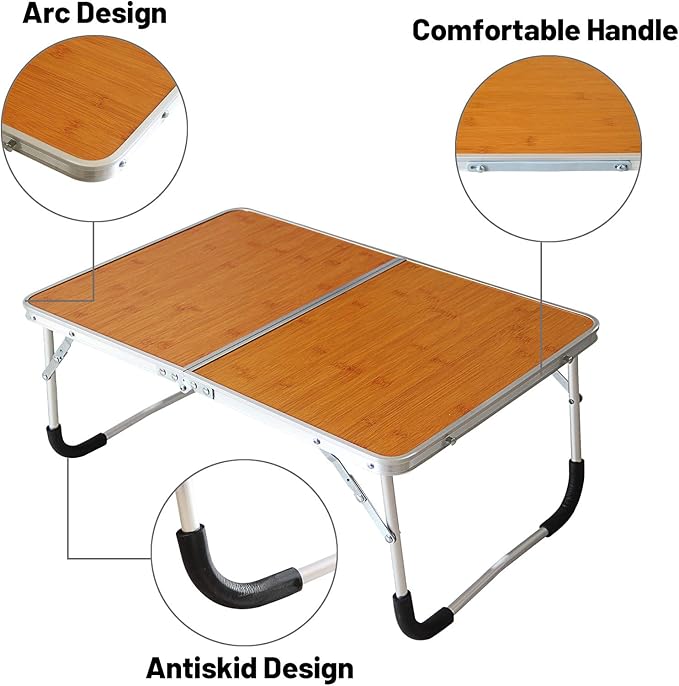 Foldable Laptop Table, Bed Desk, Breakfast Serving Bed Tray, Portable Mini Picnic Table & Ultra Lightweight, Folds in Half with Inner Storage Space (Bamboo Wood Grain)