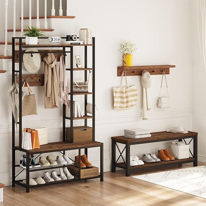 BON AUGURE 2 Tier Shoe Bench with Storage, Wood Metal Entryway Bench, Industrial Shoe Rack Benches for Entrance, Hallway, Mudroom, Bedroom, Indoor (Rustic Oak)