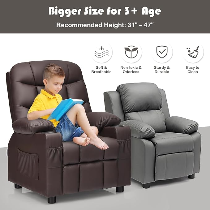 Kids Recliner, Kids Recliner Chair w/ 2 Cup Holders, PU Leather Kids Chairs Compy w/Adjustable Backrest & 3 Pockets, Toddler Furniture Sofa for Boys Girls Aged 3+ (Brown)