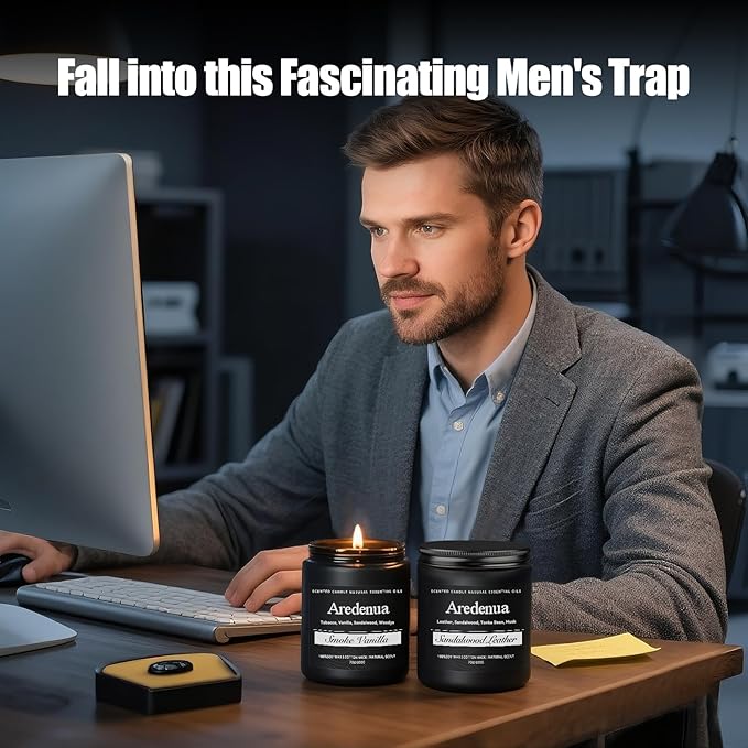 Mens Candle Set – Manly Candles for Men, 4 Pack Soy Candles for Home Scented, Masculine Candle Gift Set - Includes Sandalwood Leather, Whiskey Tobacco, Amber Patchouli & Vintage Oak