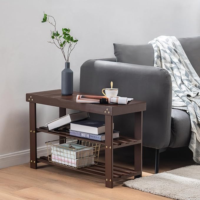 Apicizon Bamboo Shoe Rack for Entryway, 3-Tier Shoe Rack Bench for Front Indoor Entrance, Small Shoe Organizer with Storage, Dark Brown