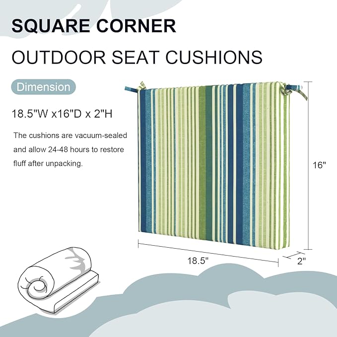 Set of 2 Outdoor Square Chair Cushions 18.5"x16"x2" for Patio, Water Resistant Patio Dining Seat Pads Replacement for Kitchen Garden and Outdoor Furniture Decoration - Stripe Blue Green