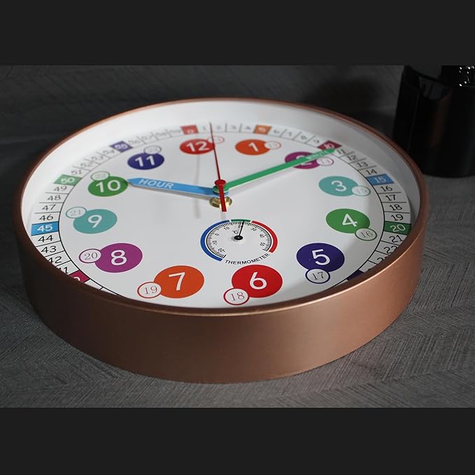 Wall Clocks,10Inch Learning Time Clock, Colorful Clock Face Silent Clocks with Simple Thermometer,Clear Digital Wall Clock (Rose Gold)