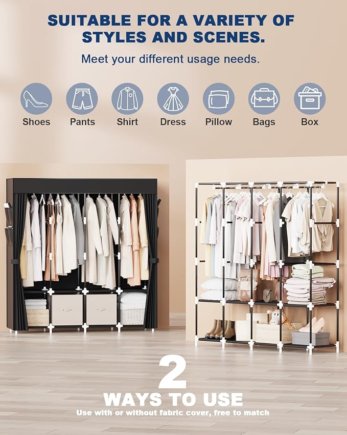 Mavivegue Clothes Organizer with 4 Hanging Rods, Portable Closet Wardrobe, Non-Woven Fabric Cover, Large Capacity Storage for Bedroom and Living Room,Black, 67" W x 17" D x 67" H