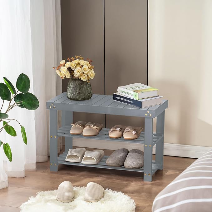 Apicizon Bamboo Shoe Storage Bench for Living Room, Entryway Storage Premium Shoe Organizer or Entryway Bench, Grey