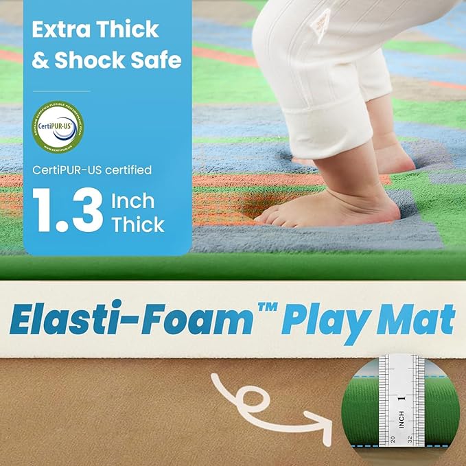 1.3" Thick Educational Baby Floor Play Mat 39x59, Basic Padded Memory Foam Kids Mat, Non-Slip Plush Playmat for Nursery Playroom Classroom (Race Track)