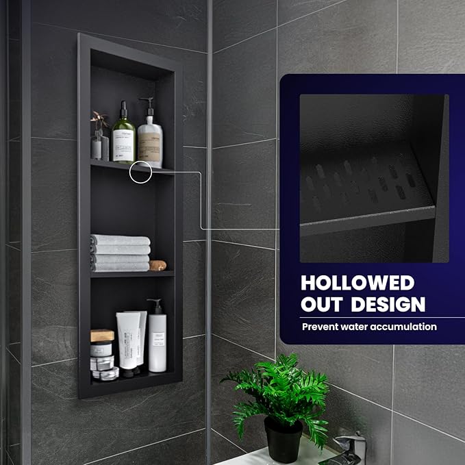 Stainless Steel Shower Niche 12" X 36"，3-Tier Recessed Wall Niche No Tile Needed Shower Shelf for Bathroom Storage (Black, 12 x 36)