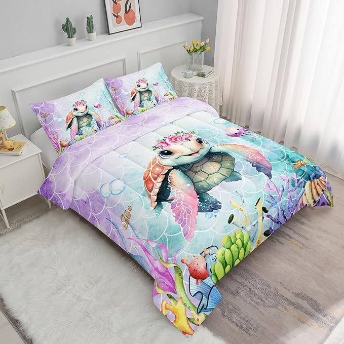 Kids Comforter Set Mermaid Scale Turtle Printed Pattern Bedding Set with 1 Comforter and 2 Pillowcases for Girls Boys Bedroom All Season(Turtle Twin)