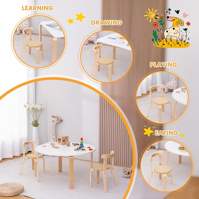 Swegrow Wooden Kids Chair, Toddler Chair for Table, Kids Stackable Chairs, Kid Wooden Furniture for Family/Playroom/Classroom（Set of 4-Natural Wood）