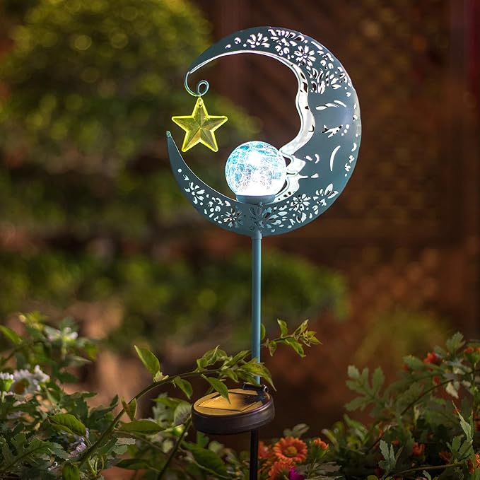Outdoor Solar Lights Garden Decor for Patio,Lawn or Pathway Moon Decorations Crackle Glass Globe Stake Metal Lights Waterproof Warm LED Garden Gifts (Blue)