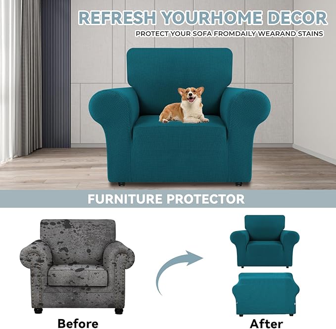 LURKA Stretch Chair Sofa Slipcovers 1 Piece Couch Covers for Sofa Furniture Protector Full Sofa Covers with Elastic Bottom for Kids and Dog (Small,Peacockblue)