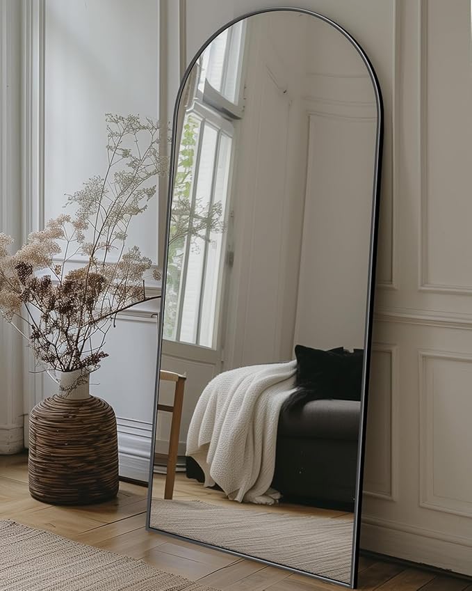 Antok Full Length Mirror, 58"x18" Floor Mirror with Stand, Hanging Mounted Mirrors for Bedroom, Living Room, Cloakroom, Dining Room, Black, Arched