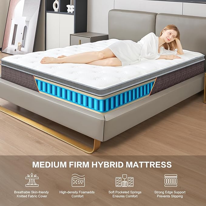 12 Inch Dark Grey Twin Spring Mattress,Medium Firm with Gel Memory Foam,Individually Pocketed Coil,Fiberglass-Free Fire Retardant CertiPUR-US Certified,75"*39"*12"