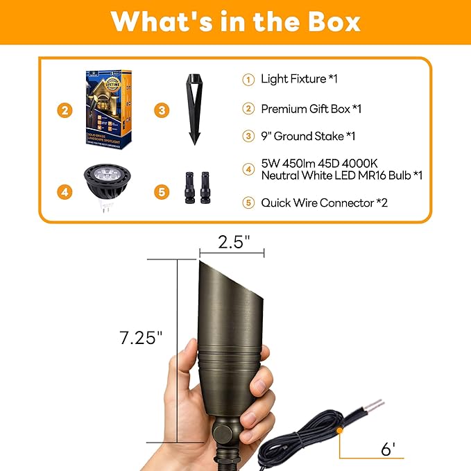 Low Voltage Spotlight LED - 12V Outdoor Light Fixture Weather Proof, Brass Landscape Lights Hardwired, Bronze for Flag Sign with Neutral White MR16 Removable Bulbs (10 Pack)