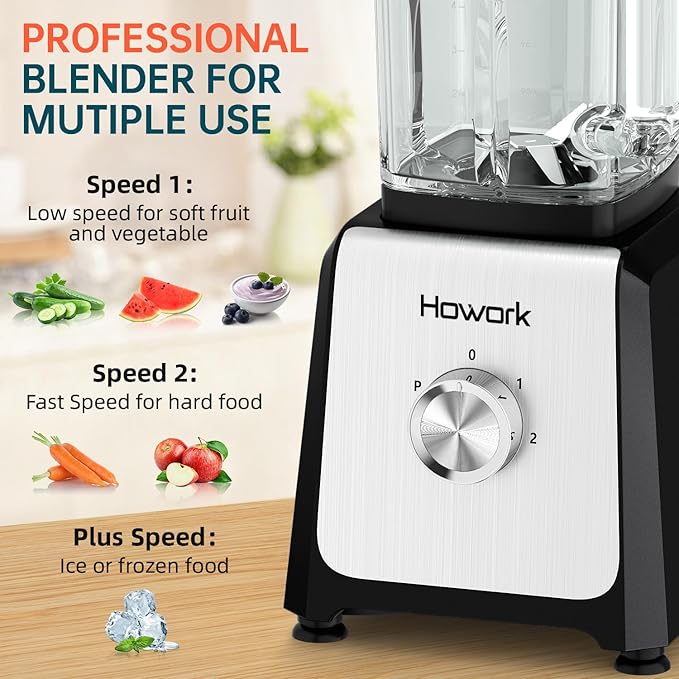 HOWORK Blender for Smoothies, 750W Personal Blender, 56 Oz Glass Jar, 16oz Portable Cups,2+p speed, 3 Functions for Smoothies, Frozen Drinks & Ice Cream,Black
