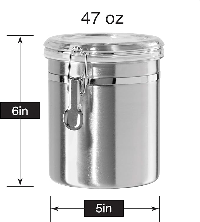 OGGI Stainless Steel Kitchen Canister 52 fl oz - Airtight Clamp Lid, Clear See-Thru Top - Ideal for Kitchen Storage, Food Storage, Pantry Storage. Large Size 5" x 6".
