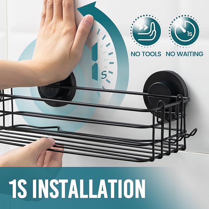 TAILI Shower Caddy Suction Cup 2 Pack with Hooks & Soap holder, Heavy Duty Shower Organizer for Bathroom, No Drilling Bathroom Organizer with Large Capacity, Black Metal Storage Basket