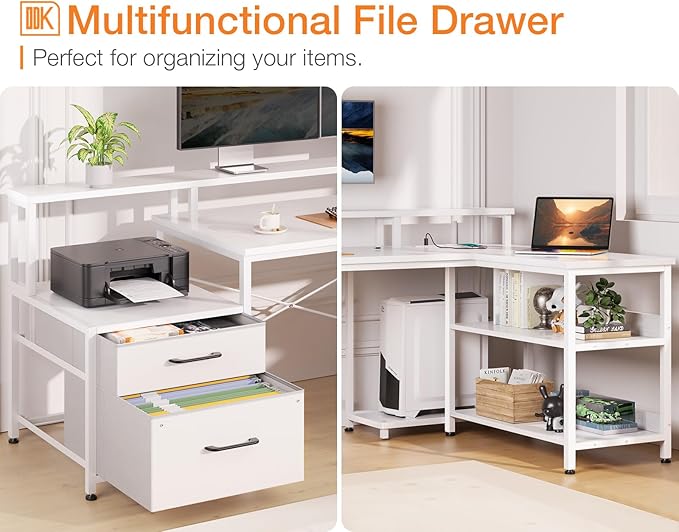 ODK L Shaped Desk with File Drawer, 75" Reversible L Shaped Computer Desk with Power Outlet & LED Strip, Home Office Desk with Storage Shelves, Gaming Desk with Monitor Shelf, Corner Desk, White