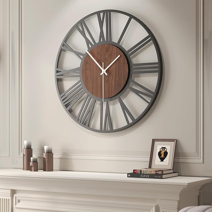 30" Extra Large Wall Clock, Modern Battery Operated Silent Non Ticking 30 inch Decorative Wood Metal Wall Clock, Black Round Big Clocks for Living Room, Bedroom, Kitchen, Office Decor-Roman Numerals