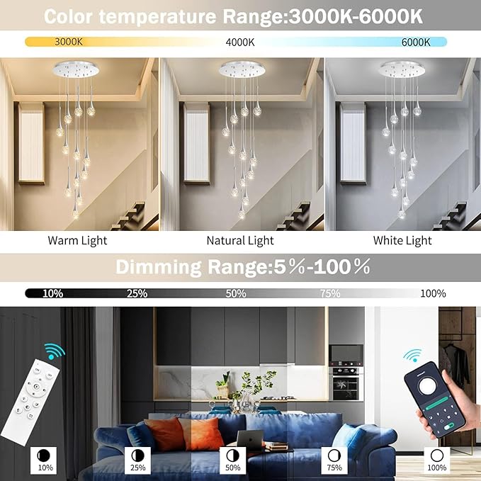 118 inches Modern Glam Crystal Chandelier for High Ceiling LED Dimmable Ceiling Pendant Light Staircase Foyer Enterway Living Room Chandelier Lighting Brushed Nickel 12 Lights