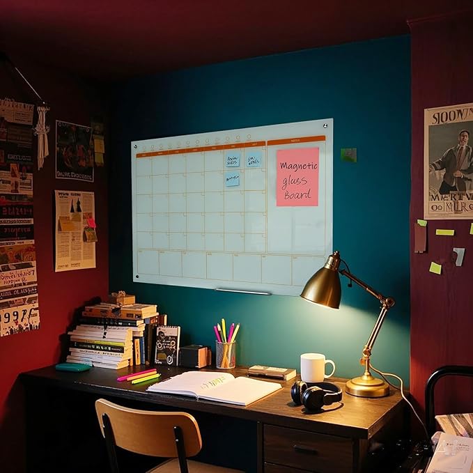 Magnetic Glass Whiteboard Calendar 48"x36" Glass Dry Erase Calender Board 36"x48" Monthly Plan White GlassBoard Wall Mounted for Office School Home (White)