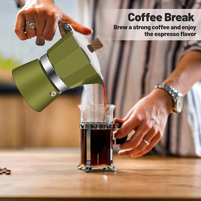 3 Cup Aluminum Moka Pot Classic Stovetop Espresso Coffee Maker 150ml 5oz Coffeemaker Percolator Mocha Pot Greca Coffee Maker Cafe Makers for Italian and Cuban Café Brewing Green