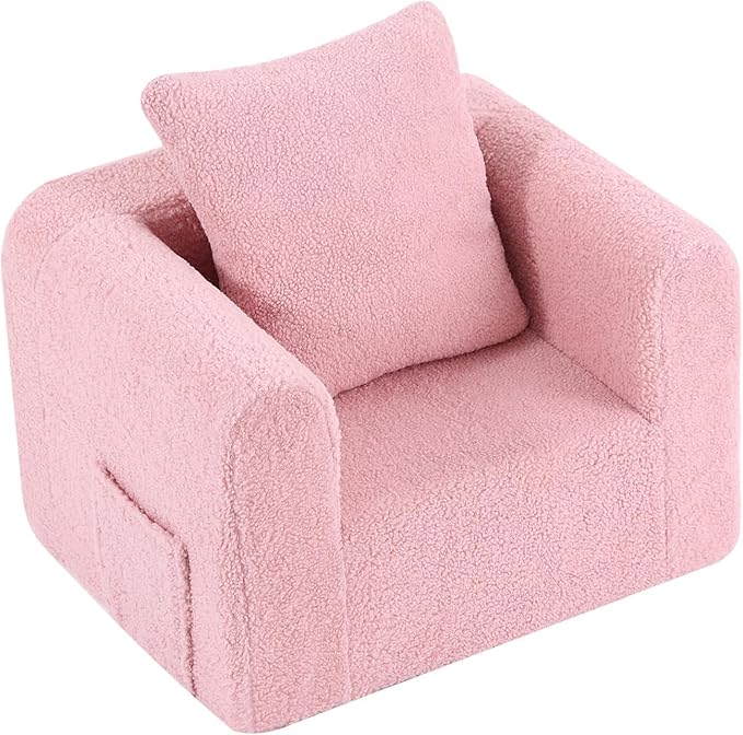 Welnow Kids Sofa with Pillow, Cozy Toddler Chair Soft Foam Seat for Reading, Children's Couch with Armrest Lightweight Comfy Kids Furniture for Bedroom, Playroom for Boys and Girls, Sherpa Pink