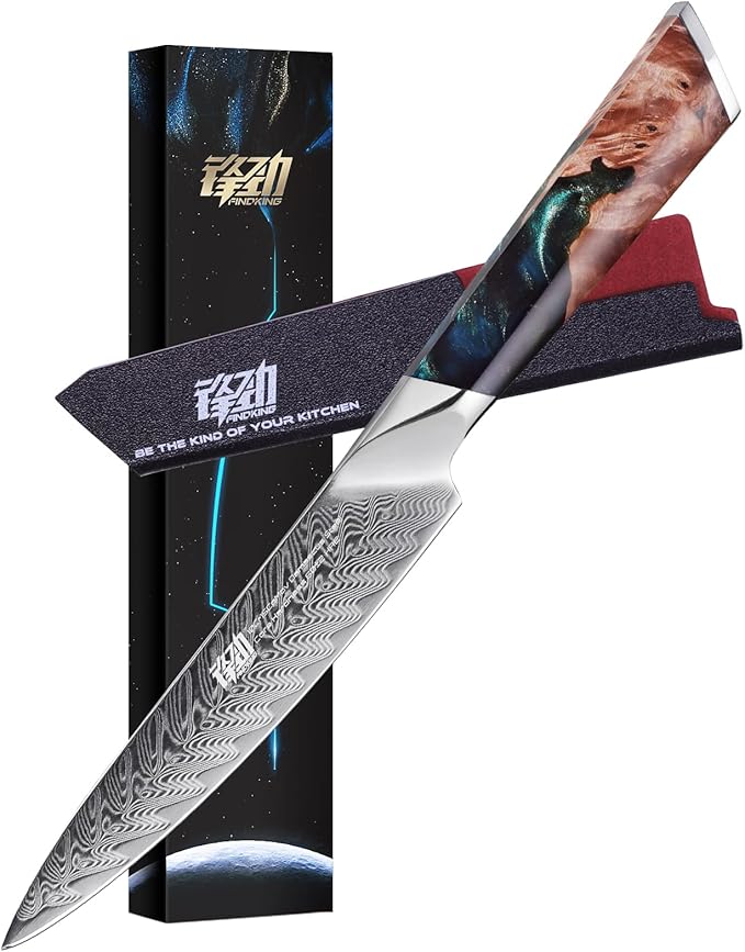 FINDKING Nebula Series Kitchen Utility Knife with ABS Sheath, Versatile Small Petty Knife, 10Cr15CoMov Damascus Blade, Resin and Figured Sycamore Handle, Full Tang, 5 Inch, Blue, for Fruit, Steak