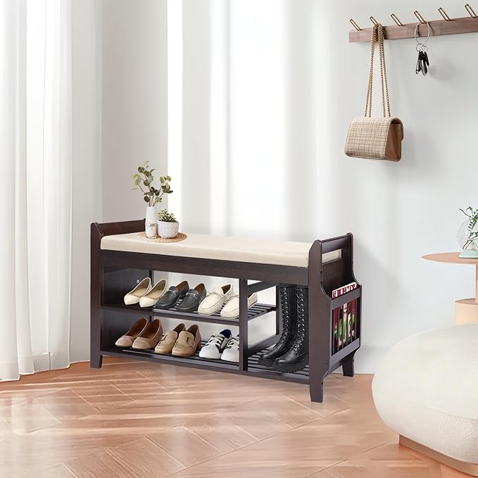 Bamboo Shoe Storage Bench, 3-Tier Shoe Rack with Padded Seat Cushion, Shoe Organizer Shelves for Entryway, Living Room, Bedroom, Hallway, White 39”