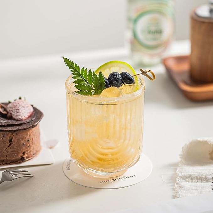 INSETLAN Water Drinking Glasses Set of 8-4 Highball Glasses 14 oz, 4 Rocks Glass Cups 12 oz, Arch Design Cocktail Glasses, Vintage Glassware, With Glass Straw, for Beverages Ice Coffee Juice Water