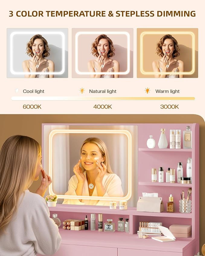 Makeup Vanity Desk Set, 35.4" Wx15.7”Dx53.9“H, Pink (Smart LED Mirror, with Cushion Stool, Hairdryer Rack, Power-Outlet, 4 Drawers, Open Shelves)