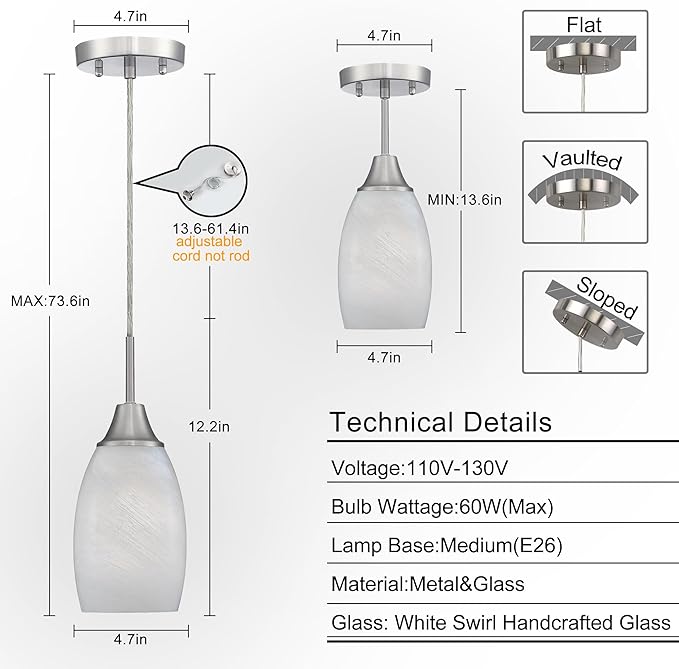 Mini Glass Pendant Light 1-Light with Handblown White Swirl Art Glass Adjustable Cord Brushed Nickel Finish 4.72" Modern Hanging Pendant Light for Kitchen Dining Room Living