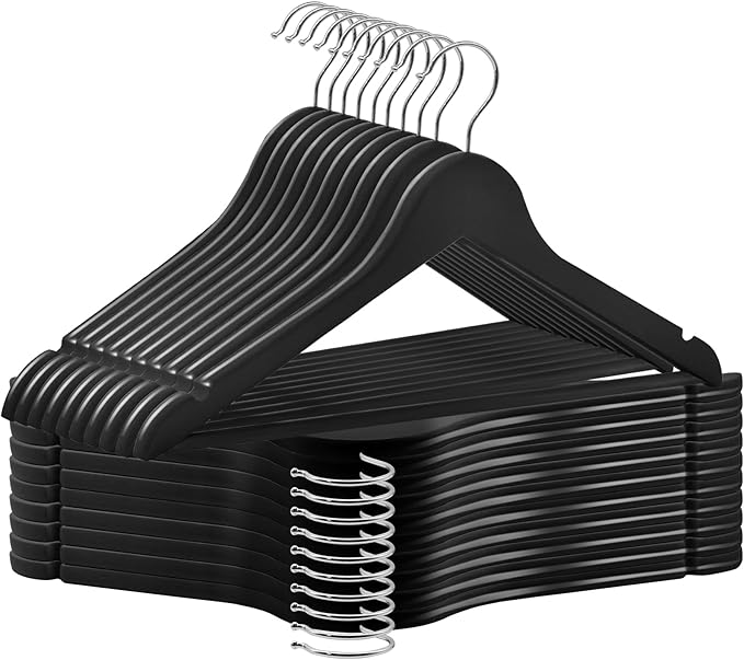 20 Pack Wooden Coat Hangers, 360° Swivel Hook, Suit Hangers with Anti-Slip Notches, Clothes Hangers for Jackets, Shirts, Dress, Black UAWY0520B