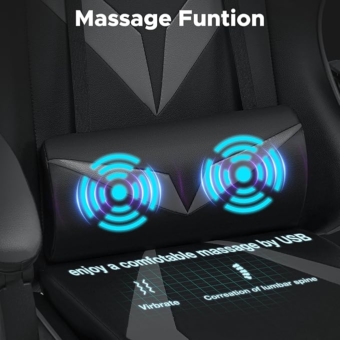 HOFFREE Massage Gaming Chair for Kids Computer Gamer Chair with Footrest and Lumbar Support Reclining PC Game Chair with Headrest for Gaming Room Gray and Black