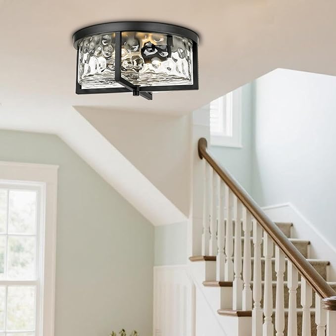 Modern Flush Mount Ceiling Light, 13" D 2-Light Industrial Close to Ceiling Lights, Hammered Glass Ceiling Light,Flush Ceiling Light for Hallway, Kitchen, Bathroom, Dining Room (Black,)