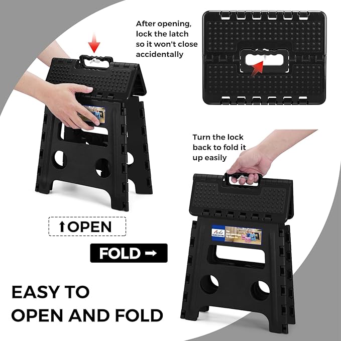 ACKO Folding Step Stool 13 inch Height Premium Heavy Duty Foldable Step Stools for Adults and Kids, Kitchen Plastic Small Collapsible Stepping Stool Hold Up to 300 LB Dot Black (1 Pack)