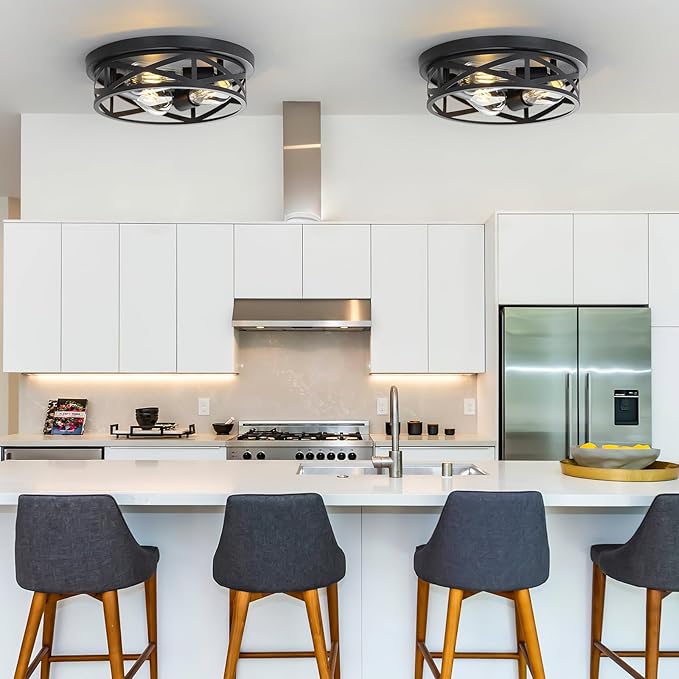 Farmhouse Cage Ceiling Light Fixtures, 3-Light Indoor Close to Ceiling Lights, 13 Inch Round Vintage Metal Flush Mount Ceiling Lights for Bedroom, Living Room, Porch Kitchen Entrance, Black