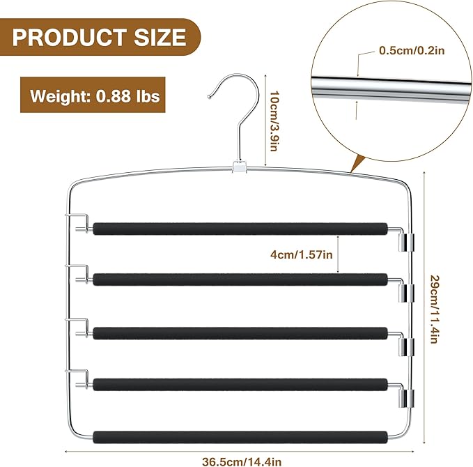 Pants Hangers, 3 Pack Anti-Slip Space Saving Hangers, 5 Layer Swing Arm Pants Hanger Stainless Steel with Non-Slip Padding, Closet Organizers & Storage for Pants Trousers Jeans Scarf