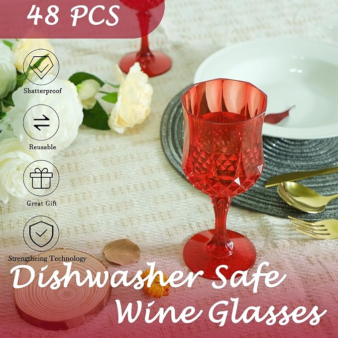 Plastic Wine Glasses，Plastic Goblets Vintage Style Cordial Drinking Glasses for Wedding Reception, Grand Event Party Supplies (48, Red)