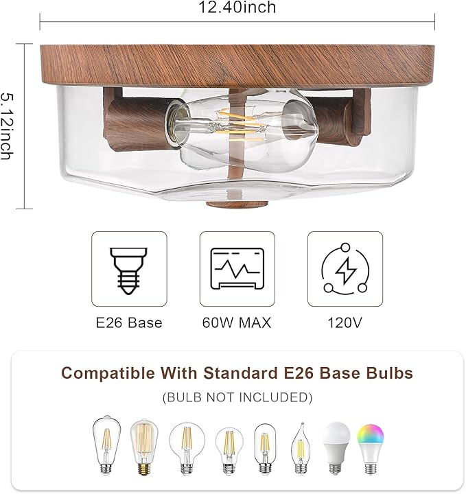 Flush Mount Ceiling Light with Clear Glass Shade, 2-Light Indoor Outdoor Farmhouse Lighting Flush Mount Lights for Kitchen Bedroom Porch Living Dining Room (Wood)